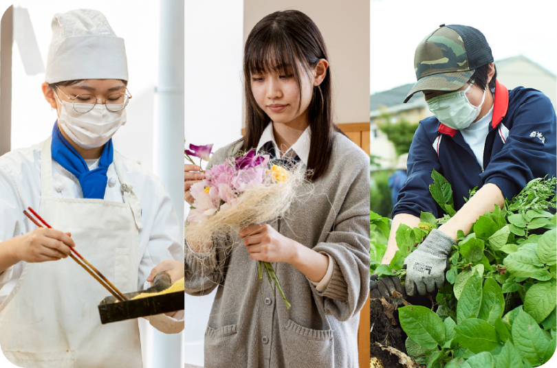 調理・フラワー・農業の3分割の写真
