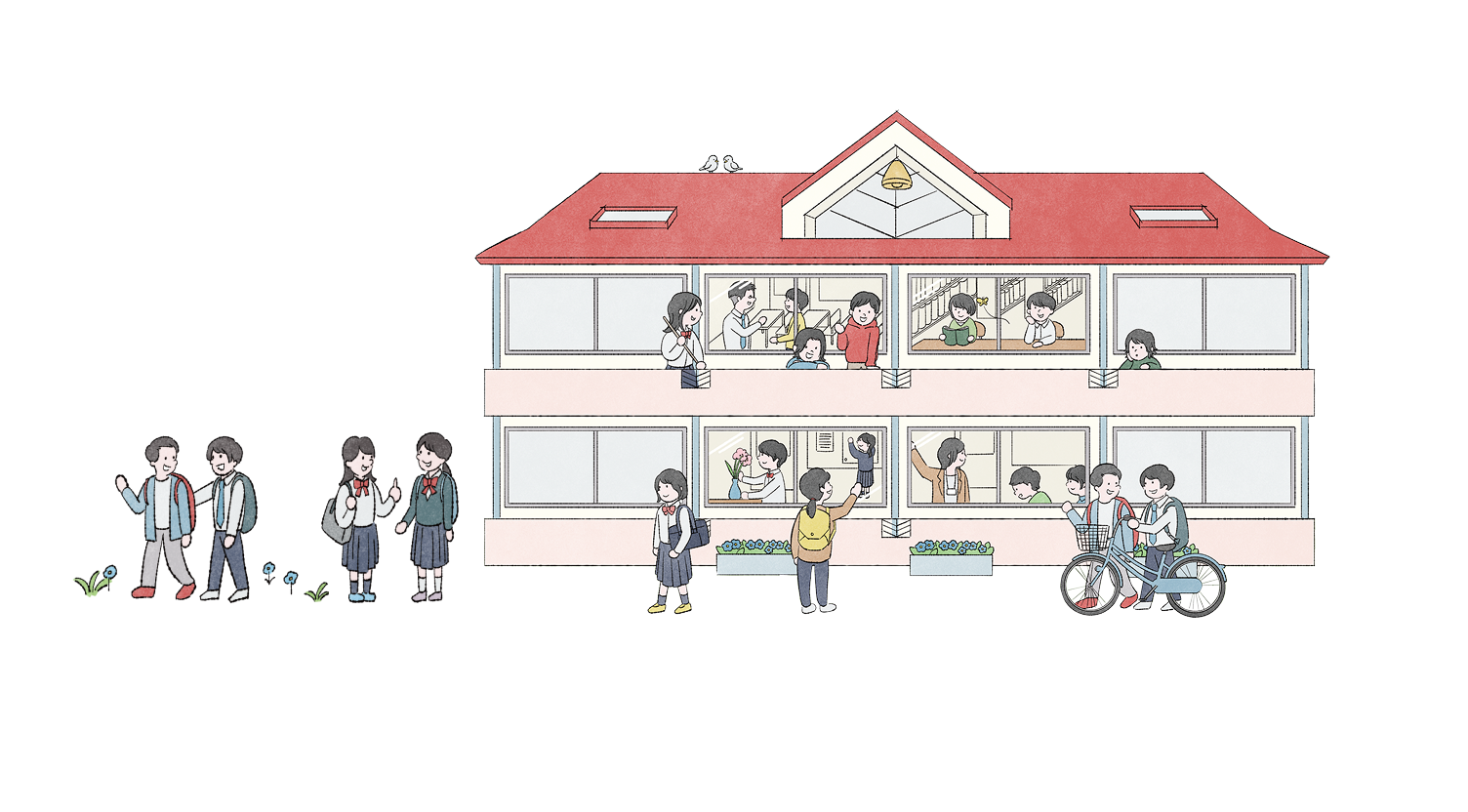 赤い屋根の校舎のイラスト