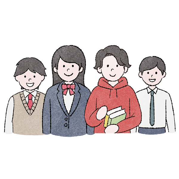 正面を向く4人の学生のイラスト