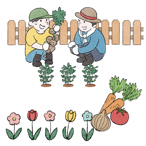 野菜を収穫する学生と花のイラスト