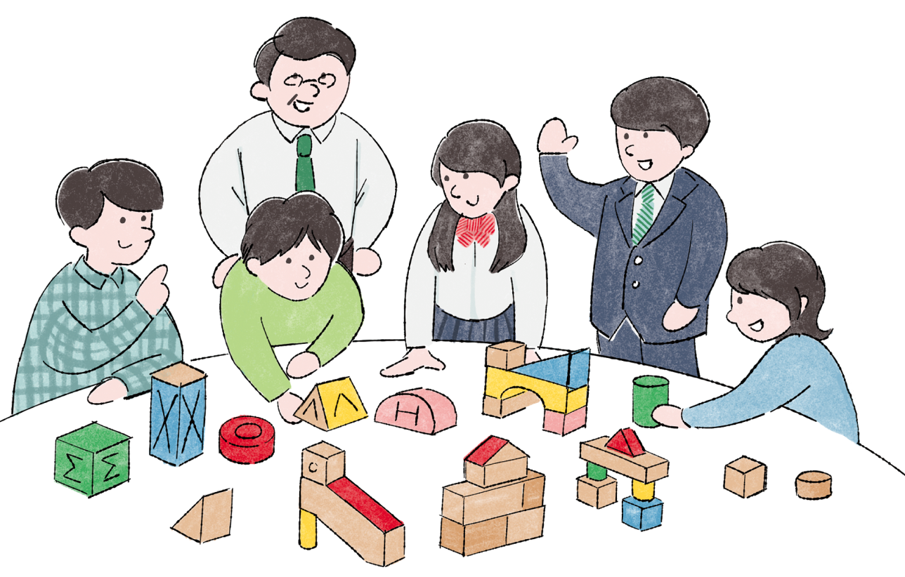 テーブルの上にある積み木と学生たちのイラスト