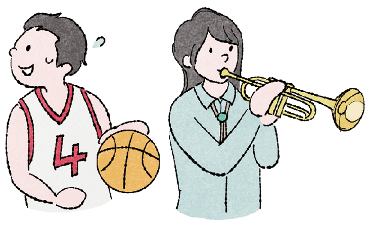 バスケの男子学生とトランペットを吹く女子学生のイラスト