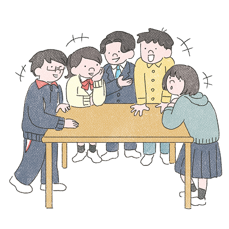 机で談笑する5人のイラスト