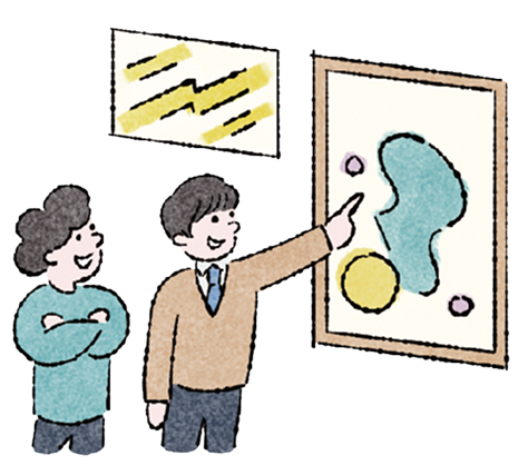 壁の絵を指差す学生のイラスト