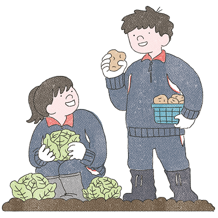 農場で収穫をする様子のイラスト
