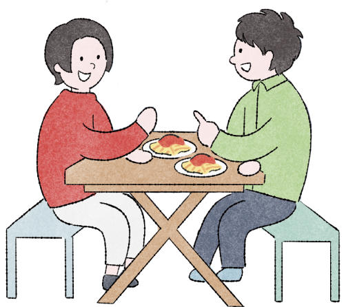食堂で座ってご飯を食べる2人の学生のイラスト